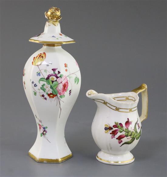 A Rockingham porcelain Royal Botanical Plants & Flies milk jug and a hexagonal baluster vase and cover, c.1830, H. 10.7 and 12.3cm, fau